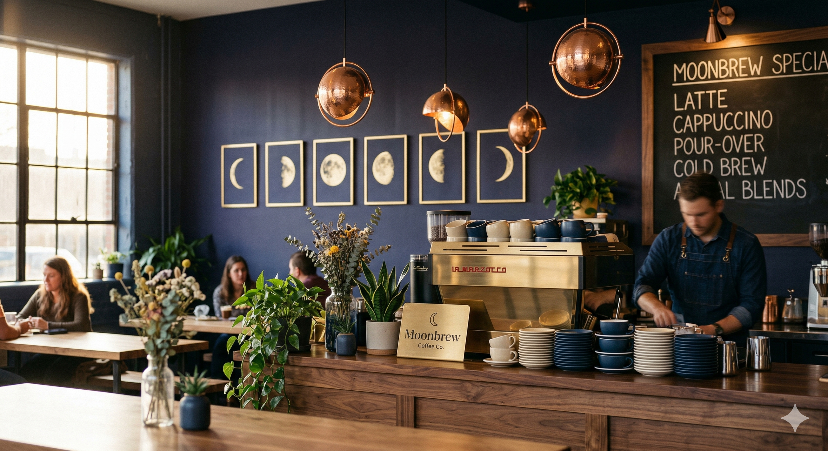 Moonbrew — the physical café interior with moon phase artwork, copper pendant lights, and specialty coffee bar