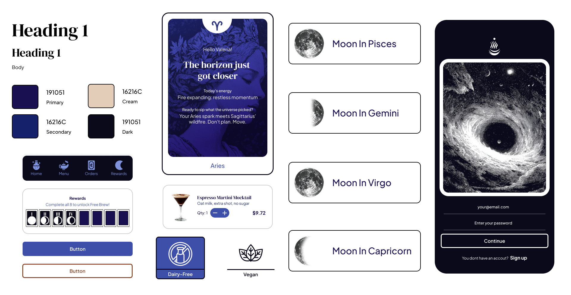 Moonbrew — design system showcase: typography, color palette, key UI screens, loyalty cards, and button states