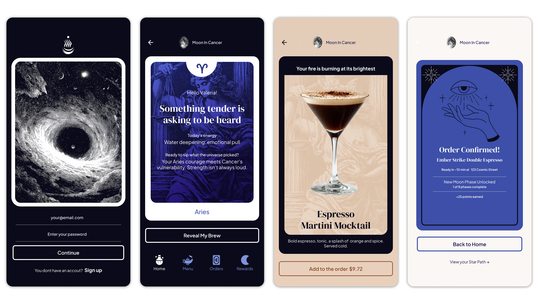 Moonbrew — final app mockups showing multiple screens across the 6 user flows