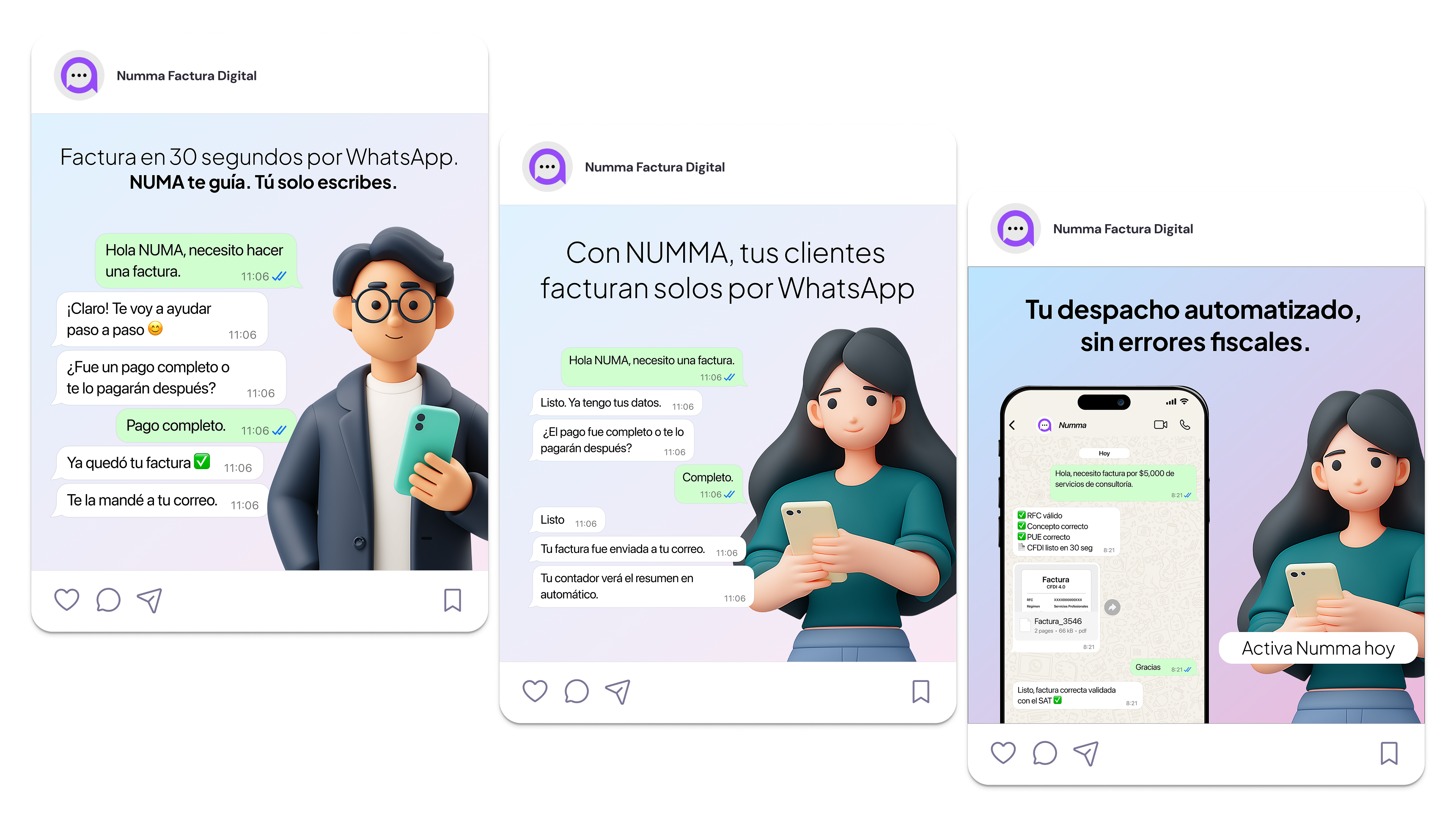 NUMMA Instagram ad variants — three mockups showing different copy framings targeting entrepreneurs