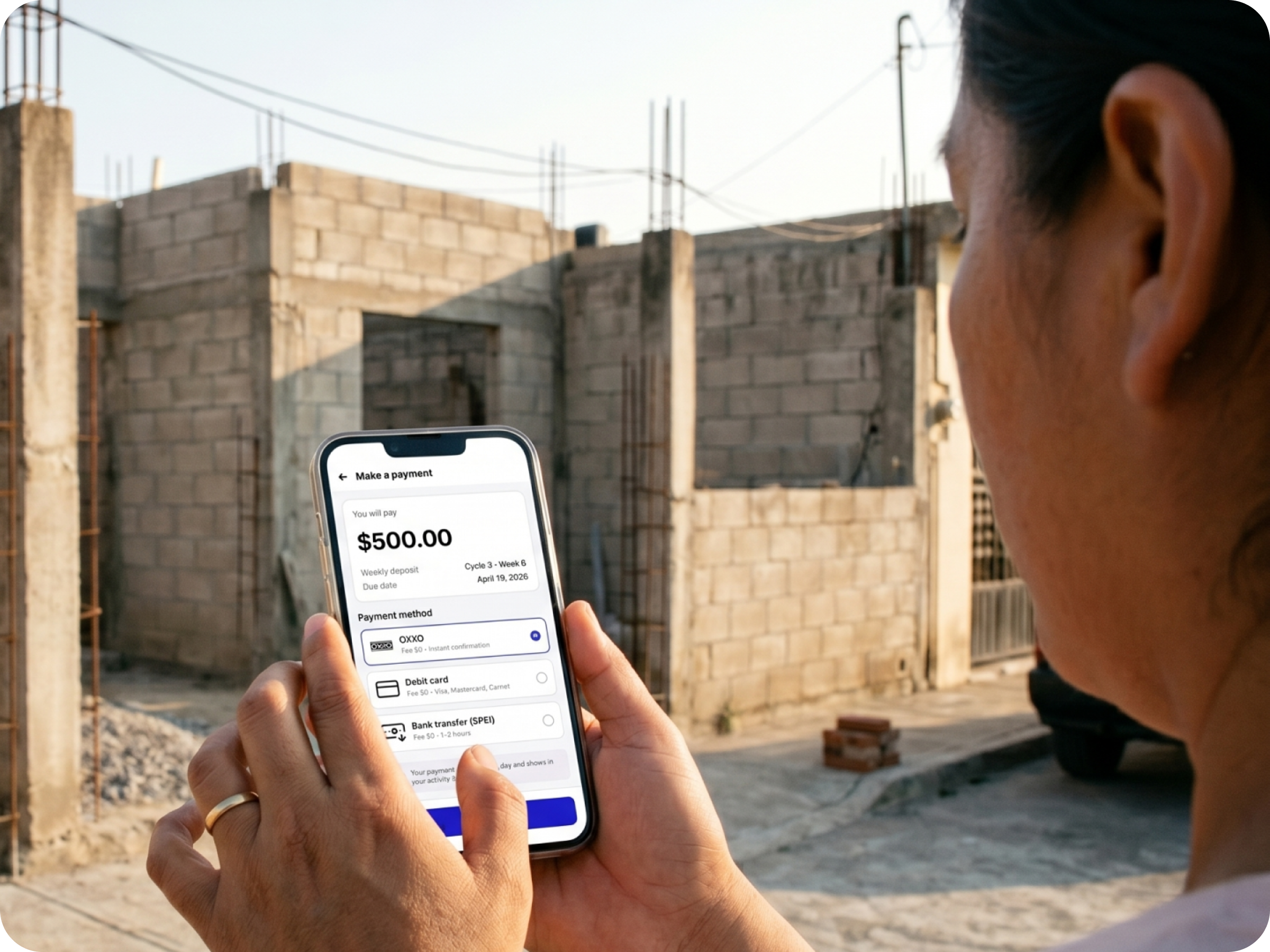 Patrimonio Hoy — prototype payment screen showing $500 weekly deposit with OXXO, debit card, and SPEI options