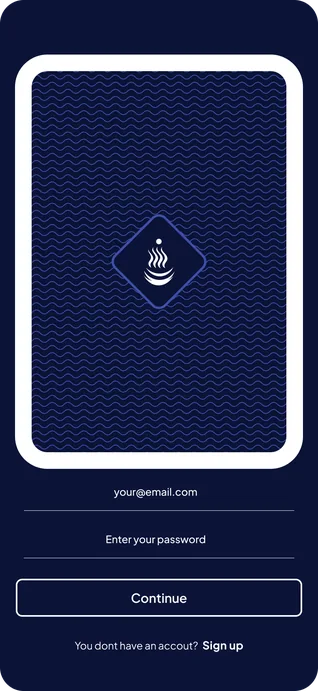 Sign in, on navy: a rounded card framed in white and filled with a navy wave pattern, with a diamond badge holding a steaming cup at its centre, and under it an email field reading your@email.com, a password field reading Enter your password, a Continue button and a You dont have an accout? Sign up line.