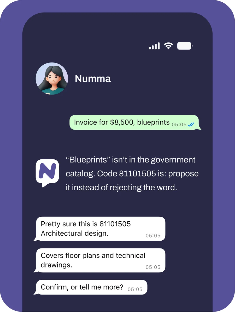 Chat with the agent. It reasons: Blueprints is not in the government catalog but code 81101505 is, so it proposes that code instead of rejecting the word.