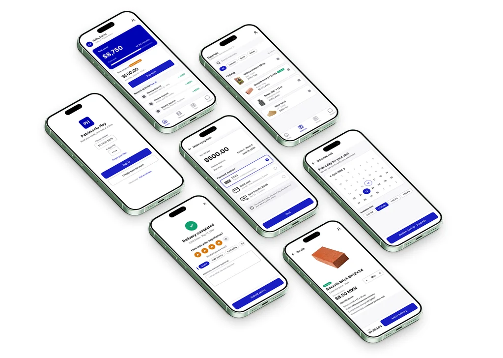 Seven phone mockups fan out on a dark background, showing screens from the prototype: account balance, a materials catalog, sign-in, a payment screen, a visit-scheduling calendar, a delivery rating screen, and a product detail screen.