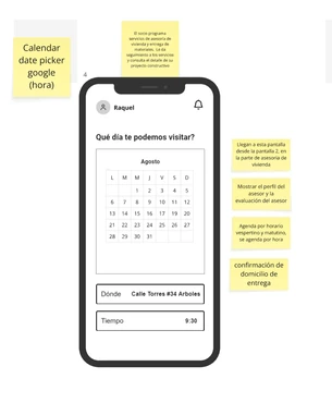 Wireframe of a visit-scheduling screen with a calendar, sticky notes about a date picker and which day the member can be visited.
