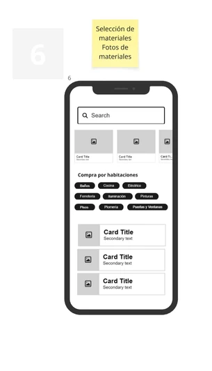 Wireframe of a materials catalog screen with a search bar and product cards, sticky notes about material selection and photos.